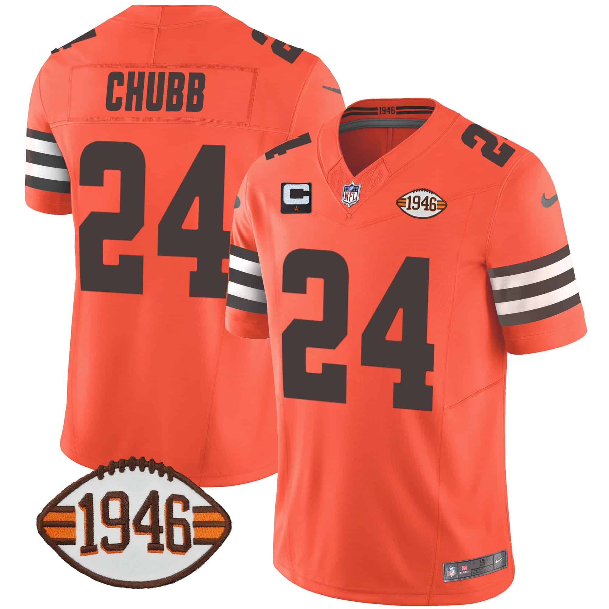 Men Cleveland Browns #24 Chubb Orange 1946 75th Anniversary Patch 2024 Nike NFL Jersey